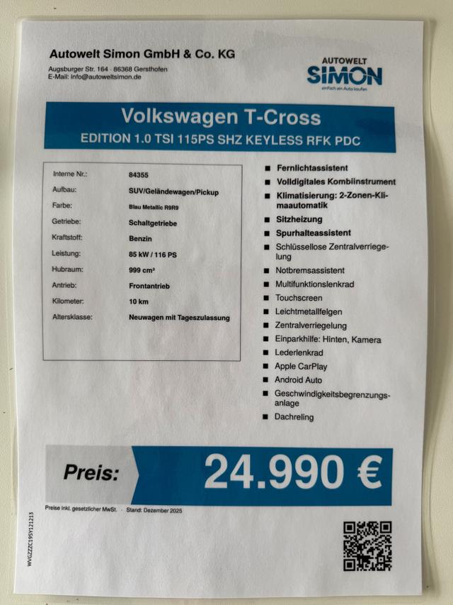 Volkswagen T-Cross EDITION 1.0 TSI 115PS SHZ KEYLESS RFK PDC 