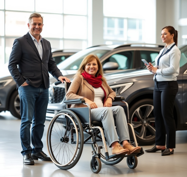 mann mit frau im Rollstuhl im Autohaus