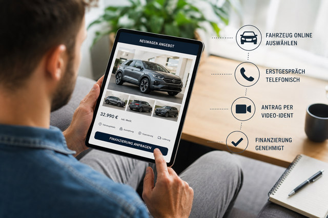 mann sitzt vor seinem Tablet und wählt ein Fahrzeug zur Finanzierung