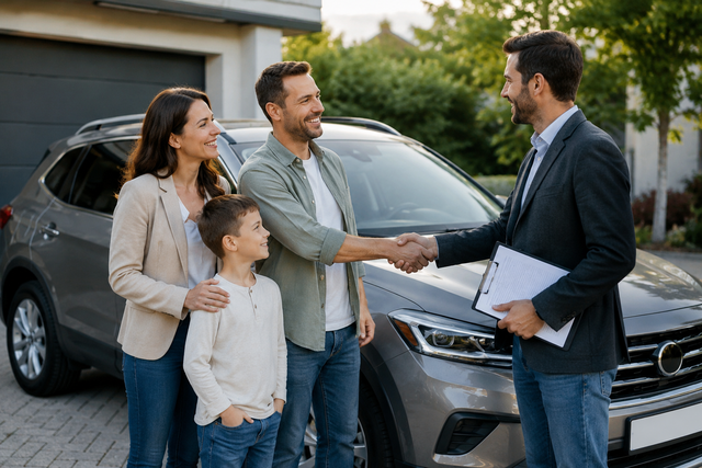 Photo mit auto Frau Mann und Kind   vor einer Garage