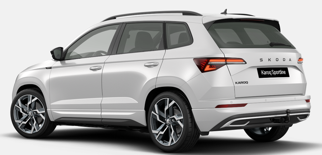 Skoda Karoq Sportline 1.5 TSI 150PS DSG, WEISS-MET, 5JGARANTIE, AHK SCHWENKBAR, 19" ALU SAGITARIUS, BEHEIZTE FRONTSCHEIBE, SITZHEIZUNG, MATRIX-LED, Elektr. Heckklappe, Virtual Cockpit 10", Climatronic, NAVI, ACC, Parksensoren v/h, R&uuml;ckfahrkamera, Dachreling, PRIVACY-GLAS 