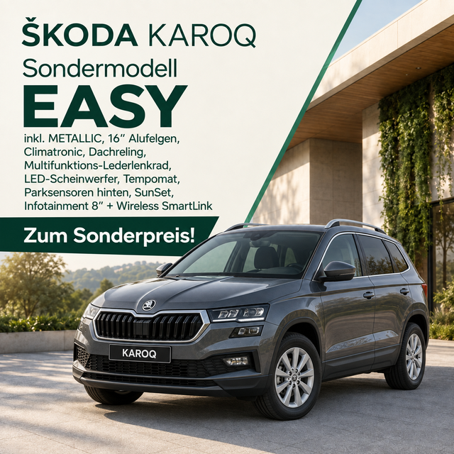 Skoda Karoq - Easy 2.0 TDI 150PS DSG/AUTOMATIK 4x4/ALLRAD, METALLIC, 16"Alu, Climatronic, Dachreling, M-Lederlenkrad, LED-Scheinwerfer, Tempomat, Parksensoren hinten, Virtual Cockpit 8", SunSet, Infotainment 8" + Wireless SmartLink