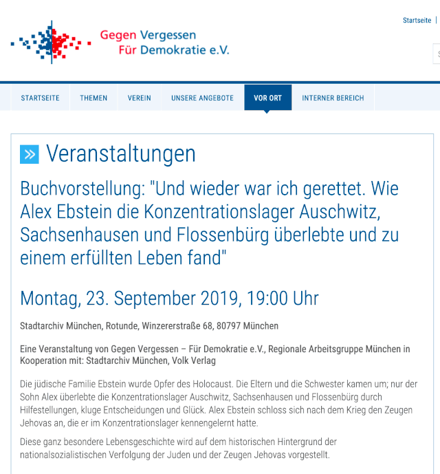 Ankündigung Buchvorstellung Gegen Vergessen - Für Demokratie e.V. (Mitverantstalter) München 23.9.2019