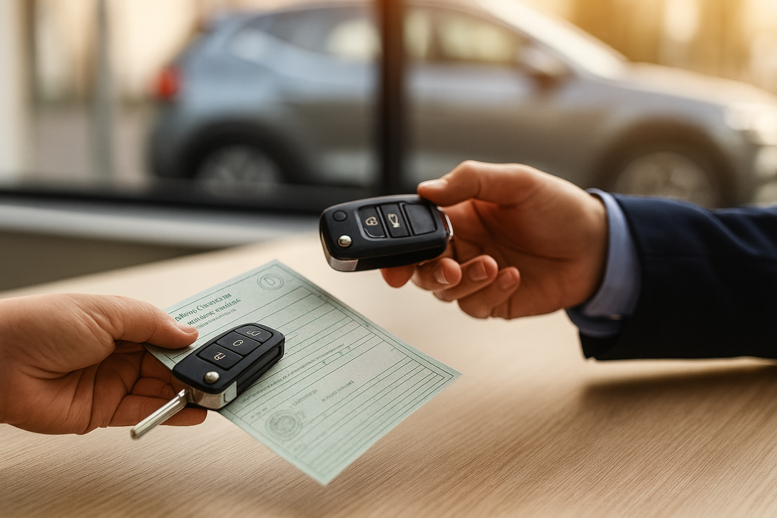 Fahrzeugverkauf mit Autoschlüssel und Fahrzeugpapieren