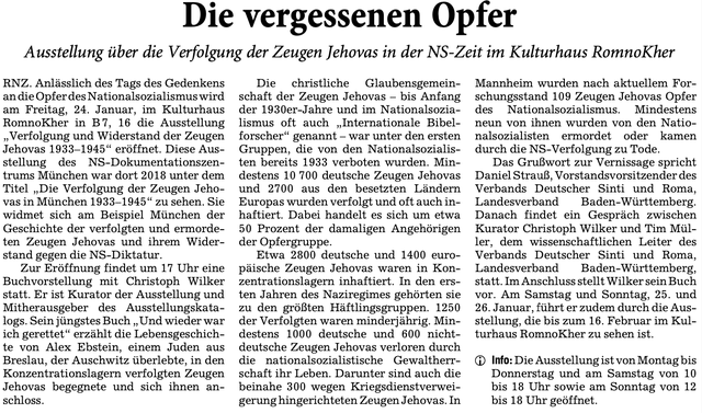 Rhein Neckar Zeitung zur Ausstellungseröffnung Mannheim