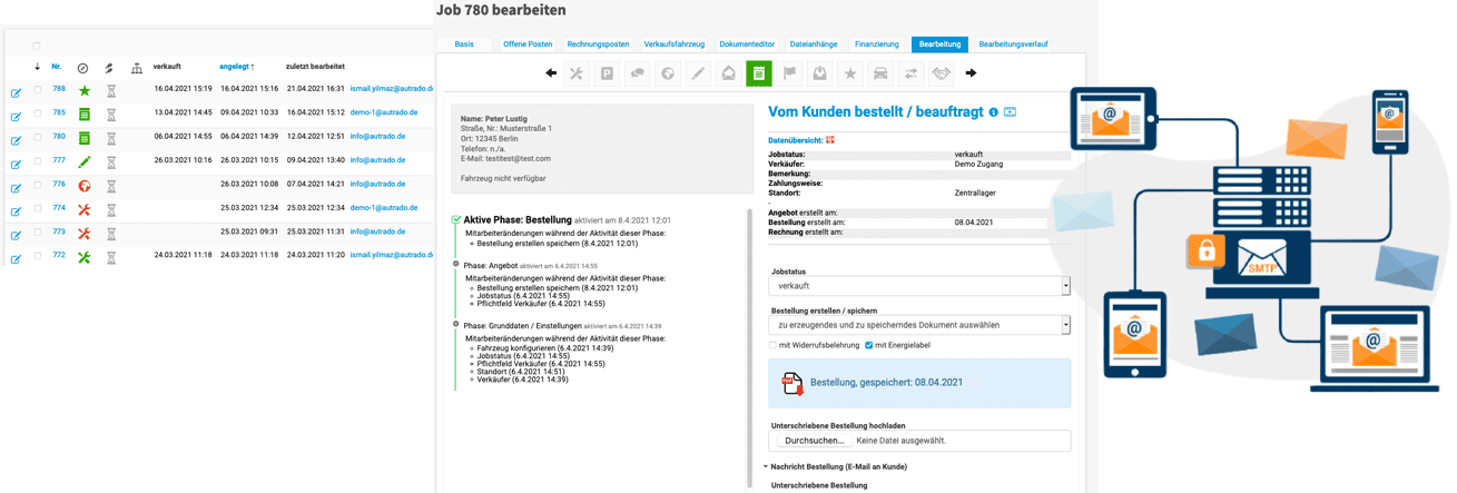 Dokumentenerzeugung, individuelle Kundenkommunikation, revisionssicheres Beleghandling, OPOS-Verwaltung und Zusammenfassen von mehreren Fahrzeugen. Optimiert für Teamarbeit, automatisierbar und übersichtlich im Jobmanager