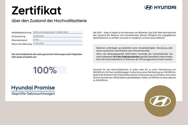 Hyundai IONIQ 6 Allradantrieb 77,4kWh Batt. UNIQ digit. Außenspiegel, 20" & Glasschiebedach 