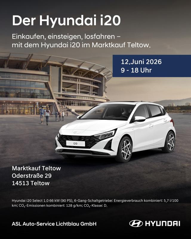 Einkaufen, einsteigen, losfahren –  mit dem Hyundai i20 im Marktkauf Teltow.