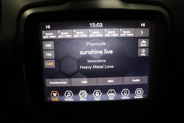 Jeep Renegade 1.5 T4 DCT7 e-Hybrid Limited 1469 96 kW296 Alpine White Leder Schwarz "Navigationssystem 01K Design-Paket Black Pack 2XL Leder-Paket 2T2 Funktions-Paket 7KS Winter-Paket UGM Uconnect Smartouch 8.4 mit 8,4""-Touchscreen, Navigationssystem, Bluetooth, AUX-IN-und USB sowie DAB, Apple CarPlay&Android Auto und LIVE Services 070 Seitenscheiben hinten und Heckscheibe verdunkelt 108 18""-Leichtmetallfelgen, schwarz glänzend 5CA Alpine White"
