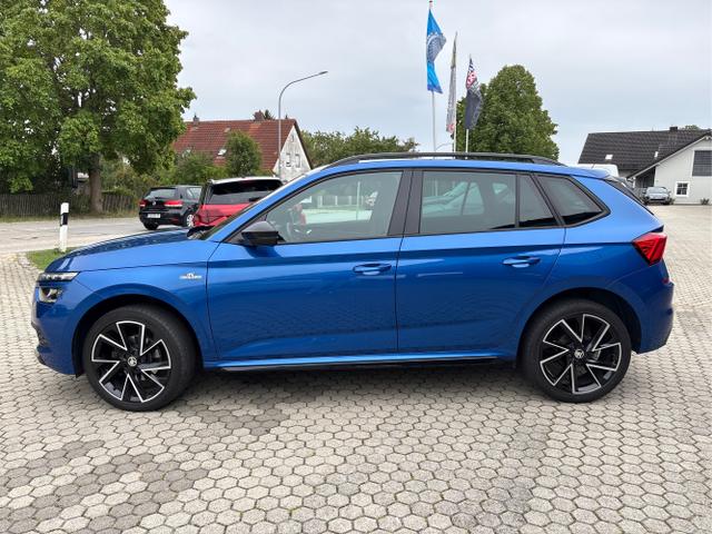 Skoda / Kamiq / Blau / / / Monte 1.0 TSI 7-GANG-DSG-ANH&Auml;NGERKUPPLUNG SCHWENKBAR + PDC VORNE / HINTEN+R&Uuml;CKFAHRKAMERA+KLMAAUTOMATIK+PANODACH+ALU 18 + WINTERPAKET + 1.HAND