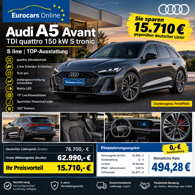 Audi A5 Avant - Basis *LAGERND* ,- &euro; monatlich* 36 Monate* Ohne Kilometerbegrenzung*