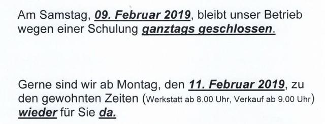 Am 09.02.2019 haben wir geschlossen