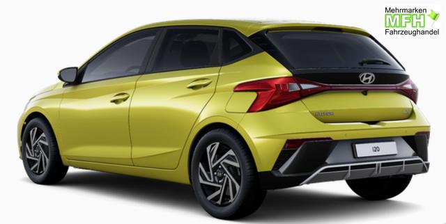 Hyundai i20 Family 1.0 T-GDI 90PS, NAVI 10,25", LUCID-LIME Metallic, Winter-Pack: Sitzheizung + Lenkradheizung, 16" ALU, Klimaautomatik, Privacy-Glas, Parksensoren hinten, R&uuml;ckfahrkamera, Tempomat, Lederlenkrad, Reserverad, Alarm, Armlehne, 4x elektr. Fensterheber 