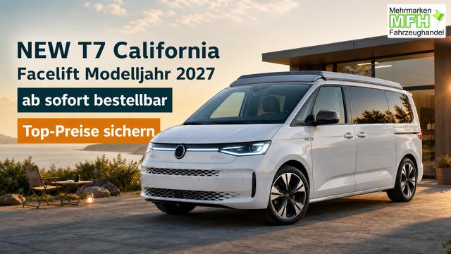 Volkswagen T7 California Beach 1.5 eHYBRID (PLUG-IN-HYBRID) 4x4 Allrad (AUTOMATIK), 17" ALU, Aufstelldach, Parksensoren vorne/hinten, R&uuml;ckfahrkamera, Klimaanlage Climatic, M-Lederlenkrad, ACC Tempomat, Digital Cockpit Pro, Schiebet&uuml;re links/rechts mit Zuziehhilfe 