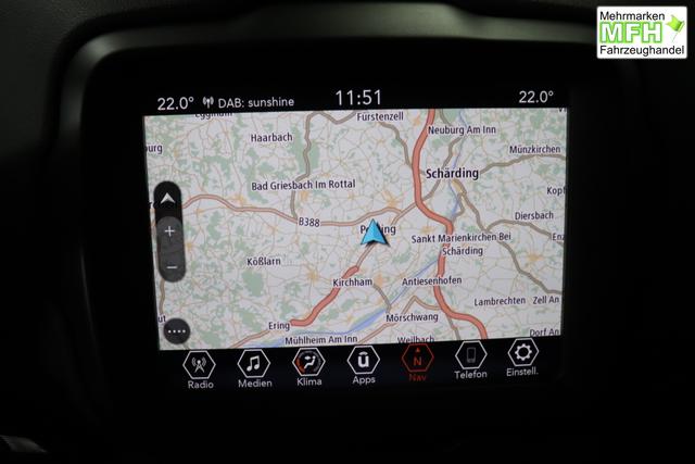 Jeep Renegade 1.5 T4 DCT7 e-Hybrid Longitude 1469 96 kW435 Blue Shade 015 Stoff Schwarz "61P Blue Shade Metallic Business-Paket Longitude: Uconnect Smartouch 8.4 mit 8,4""-Touchscreen, Navigationssystem, Bluetooth, AUX-IN-und USB sowie DAB, Apple CarPlay&Android Auto und LIVE Services, Fahrersitz mit elektr. Lordosenst&uuml;tze 2-fach verstellbar"