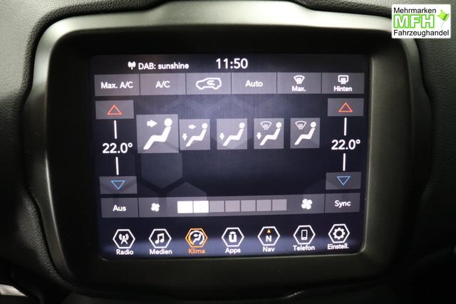 Jeep Renegade 1.5 T4 DCT7 e-Hybrid Longitude 1469 96 kW435 Blue Shade 015 Stoff Schwarz "61P Blue Shade Metallic Business-Paket Longitude: Uconnect Smartouch 8.4 mit 8,4""-Touchscreen, Navigationssystem, Bluetooth, AUX-IN-und USB sowie DAB, Apple CarPlay&Android Auto und LIVE Services, Fahrersitz mit elektr. Lordosenst&uuml;tze 2-fach verstellbar"