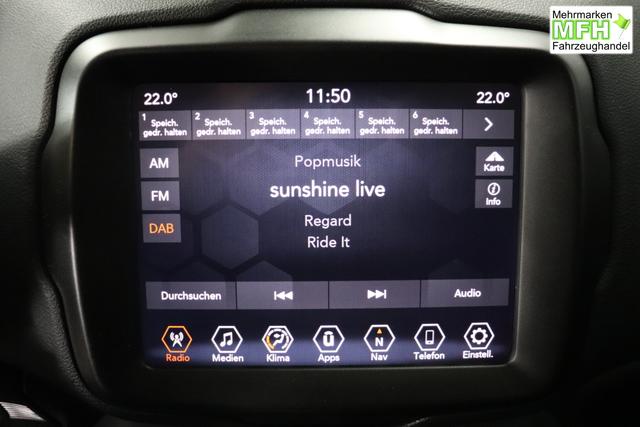 Jeep Renegade 1.5 T4 DCT7 e-Hybrid Longitude 1469 96 kW435 Blue Shade 015 Stoff Schwarz "61P Blue Shade Metallic Business-Paket Longitude: Uconnect Smartouch 8.4 mit 8,4""-Touchscreen, Navigationssystem, Bluetooth, AUX-IN-und USB sowie DAB, Apple CarPlay&Android Auto und LIVE Services, Fahrersitz mit elektr. Lordosenst&uuml;tze 2-fach verstellbar"