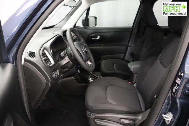 Jeep Renegade 1.5 T4 DCT7 e-Hybrid Longitude 1469 96 kW435 Blue Shade 015 Stoff Schwarz "61P Blue Shade Metallic Business-Paket Longitude: Uconnect Smartouch 8.4 mit 8,4""-Touchscreen, Navigationssystem, Bluetooth, AUX-IN-und USB sowie DAB, Apple CarPlay&Android Auto und LIVE Services, Fahrersitz mit elektr. Lordosenst&uuml;tze 2-fach verstellbar"