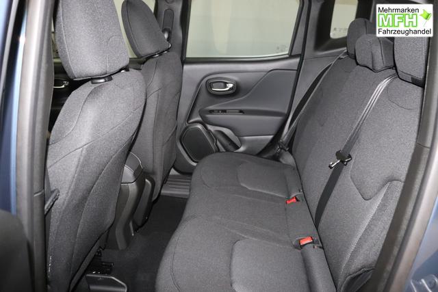 Jeep Renegade 1.5 T4 DCT7 e-Hybrid Longitude 1469 96 kW435 Blue Shade 015 Stoff Schwarz "61P Blue Shade Metallic Business-Paket Longitude: Uconnect Smartouch 8.4 mit 8,4""-Touchscreen, Navigationssystem, Bluetooth, AUX-IN-und USB sowie DAB, Apple CarPlay&Android Auto und LIVE Services, Fahrersitz mit elektr. Lordosenst&uuml;tze 2-fach verstellbar"
