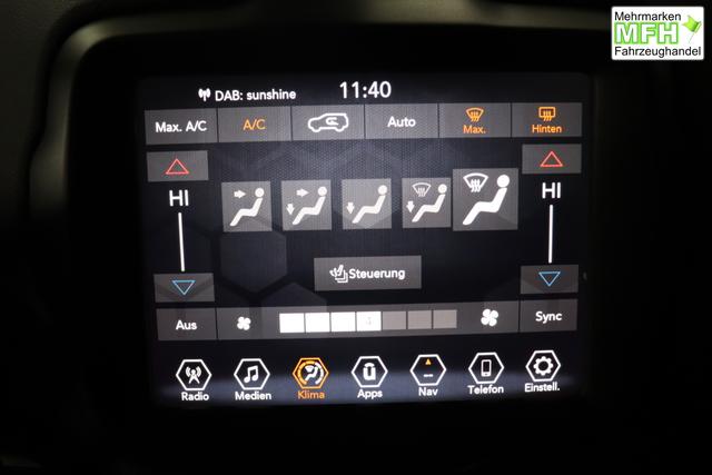 Jeep Renegade 1.5 T4 DCT7 e-Hybrid Limited 1469 96 kW435 Blue Shade Leder Schwarz "Navigationssystem 01K Design-Paket Black Pack 2XL Leder-Paket 2T2 Funktions-Paket 7KS Winter-Paket UGM Uconnect Smartouch 8.4 mit 8,4""-Touchscreen, Navigationssystem, Bluetooth, AUX-IN-und USB sowie DAB, Apple CarPlay&Android Auto und LIVE Services 070 Seitenscheiben hinten und Heckscheibe verdunkelt 108 18""-Leichtmetallfelgen, schwarz gl&auml;nzend 61P Blue Shade"