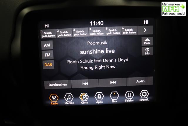 Jeep Renegade 1.5 T4 DCT7 e-Hybrid Limited 1469 96 kW435 Blue Shade Leder Schwarz "Navigationssystem 01K Design-Paket Black Pack 2XL Leder-Paket 2T2 Funktions-Paket 7KS Winter-Paket UGM Uconnect Smartouch 8.4 mit 8,4""-Touchscreen, Navigationssystem, Bluetooth, AUX-IN-und USB sowie DAB, Apple CarPlay&Android Auto und LIVE Services 070 Seitenscheiben hinten und Heckscheibe verdunkelt 108 18""-Leichtmetallfelgen, schwarz gl&auml;nzend 61P Blue Shade"