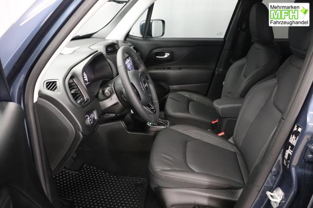 Jeep Renegade 1.5 T4 DCT7 e-Hybrid Limited 1469 96 kW435 Blue Shade Leder Schwarz "Navigationssystem 01K Design-Paket Black Pack 2XL Leder-Paket 2T2 Funktions-Paket 7KS Winter-Paket UGM Uconnect Smartouch 8.4 mit 8,4""-Touchscreen, Navigationssystem, Bluetooth, AUX-IN-und USB sowie DAB, Apple CarPlay&Android Auto und LIVE Services 070 Seitenscheiben hinten und Heckscheibe verdunkelt 108 18""-Leichtmetallfelgen, schwarz gl&auml;nzend 61P Blue Shade"