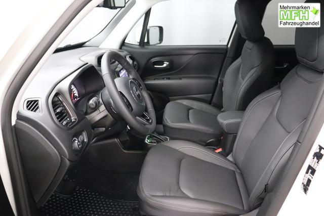 Jeep Renegade 1.5 T4 DCT7 e-Hybrid Limited 1469 96 kW296 Alpine White Leder Schwarz "Navigationssystem 01K Design-Paket Black Pack 2XL Leder-Paket 2T2 Funktions-Paket 7KS Winter-Paket UGM Uconnect Smartouch 8.4 mit 8,4""-Touchscreen, Navigationssystem, Bluetooth, AUX-IN-und USB sowie DAB, Apple CarPlay&Android Auto und LIVE Services 070 Seitenscheiben hinten und Heckscheibe verdunkelt 108 18""-Leichtmetallfelgen, schwarz gl&auml;nzend 5CA Alpine White"