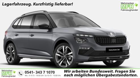 Skoda Kamiq Monte Carlo 1.0 TSI 115PS DSG, GRAU-MET/Dach schwarz, 18" ALU URSA, AHK-VORBEREITUNG, Panoramadach, Matrix-LED, Parksensoren v/h, Kamera, Tempomat, Virtual Cockpit, Kessy, Winter-Paket, Climatronic, Radio 8", SmartLink, NSW, Dachreling, Sport-M-Lederlenkrad beheizt 