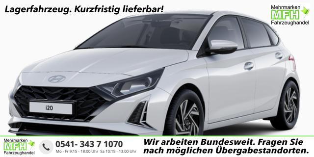 Hyundai i20 - Family 1.0 T-GDI 90PS, NAVI 10,25", Sonderfarbe ATLAS-WHITE, Winter-Pack: Sitzheizung + Lenkradheizung, 16" ALU, Klimaautomatik, Privacy-Glas, Parksensoren hinten, R&uuml;ckfahrkamera, Tempomat, Lederlenkrad, Reserverad, Alarm, Armlehne, 4x elektr. Fensterheber