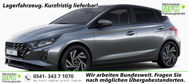 Hyundai i20 - Family 1.0 T-GDI 90PS, NAVI 10,25", AURORA-GRAU METALLIC, Winter-Pack: Sitzheizung + Lenkradheizung, 16" ALU, Klimaautomatik, Privacy-Glas, Parksensoren hinten, R&uuml;ckfahrkamera, Tempomat, Lederlenkrad, Reserverad, Alarm, Armlehne, 4x elektr. Fensterheber
