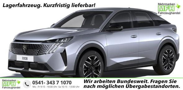 Peugeot 3008 - Allure Hybrid 145PS e-DCS6 (Automatik), Grau-Metallic, ANH&Auml;NGERKUPPLUNG, Panorama-Navigations-Paket, Grip-Control-Paket, 19" ALU, Beh. Frontscheibe, Trennnetz, Adaptiver Tempomat, Toter-Winkel, 360&deg;Kamera, Parksensoren vorn/hinten, Lenkradheizung, Alarmanlage