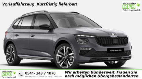 Skoda Kamiq - Monte Carlo 1.0 TSI 115PS DSG, GRAU-MET/Dach schwarz, 18" ALU URSA, AHK-VORBEREITUNG, Panoramadach, Matrix-LED, Parksensoren v/h, Kamera, Tempomat, Virtual Cockpit, Kessy, Winter-Paket, Climatronic, Radio 8", SmartLink, NSW, Dachreling, Sport-M-Lederlenkrad beheizt