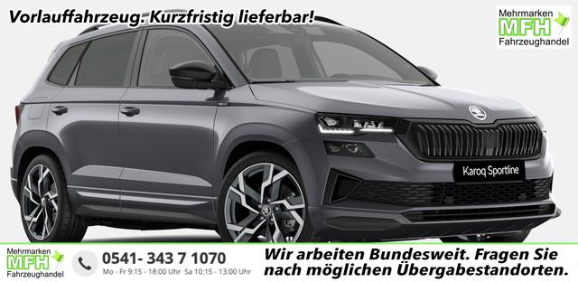 Skoda Karoq - Sportline 1.5 TSI 150PS DSG, GRAPHIT-MET, 5JGARANTIE, AHK SCHWENKBAR, 19" ALU SAGITARIUS, BEHEIZTE FRONTSCHEIBE, SITZHEIZUNG, MATRIX-LED, Elektr. Heckklappe, Virtual Cockpit 10", Climatronic, NAVI, ACC, Parksensoren v/h, R&uuml;ckfahrkamera, Dachreling, PRIVACY-GLAS