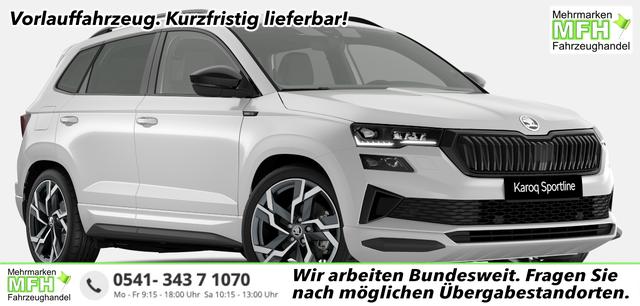 Skoda Karoq - Sportline 1.5 TSI 150PS DSG, WEISS-MET, 5JGARANTIE, AHK SCHWENKBAR, 19" ALU SAGITARIUS, BEHEIZTE FRONTSCHEIBE, SITZHEIZUNG, MATRIX-LED, Elektr. Heckklappe, Virtual Cockpit 10", Climatronic, NAVI, ACC, Parksensoren v/h, R&uuml;ckfahrkamera, Dachreling, PRIVACY-GLAS
