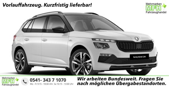 Skoda Kamiq - Monte Carlo 1.5 TSI 150PS DSG, 5J GARANTIE, WEISS-MET/Dach schwarz, 18" ALU, AHK SCHWENKBAR, Panoramadach, Matrix-LED, Parksensoren v/h, Kamera, Tempomat, Virtual Cockpit (8"!!), Kessy, Winter-Paket, Climatronic, Radio 8", SmartLink, NSW, Sport-M-Lederlenkrad beheizt