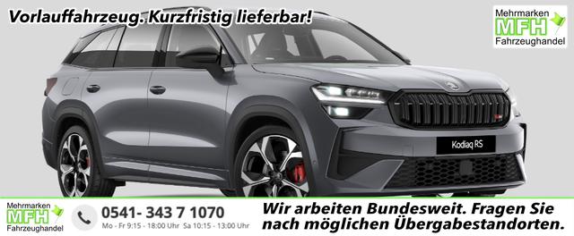 Skoda Kodiaq - RS 2.0 TSI 265PS 4x4 DSG, 5J GARANTIE, STANDHEIZUNG, PANORMADACH, HEAD-UP, 20"Alu, ANH&Auml;NGERKUPPLUNG, NAVI, DCC PLUS, CANTON SOUND, BEH. FRONTSCHEIBE, MATRIX-LED, KESSY, Alarm, ELEK. HECKKLAPPE, SHZ v/h, Privacy-Glas, ACC, PDC AREA VIEW, 3Z-Climatronic