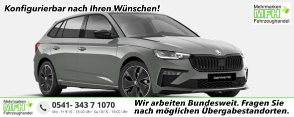 Skoda Scala - Monte Carlo Angebot f. Menschen mit Behinderung ab 50 %! 1.0 TSI 115PS, Panoramadach, 17"Alu, Climatronic, MATRIX-LED, Kessy, Verlängerte Heckscheibe, SunSet, Parksensoren vorn/hinten, Rückfahrkamera, Tempomat, Winter-Paket, Sport-M-Lederlenkrad beheizt, Virtual Co