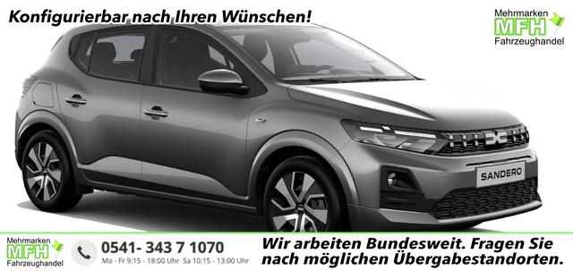 Dacia Sandero - Expression 1.0 TCe 100, NEUES MODELL, 3J Garantie, Klimaanlage, Lederlenkrad, Parksensoren hinten, Tempomat, Multimedia System 10" + Smartphone-Spiegelung, Regen-/Licht-Sensor, ZV mit Fernbedienung, Elektr. Fensterheber v/h, Nebelscheinwerfer, Armlehne