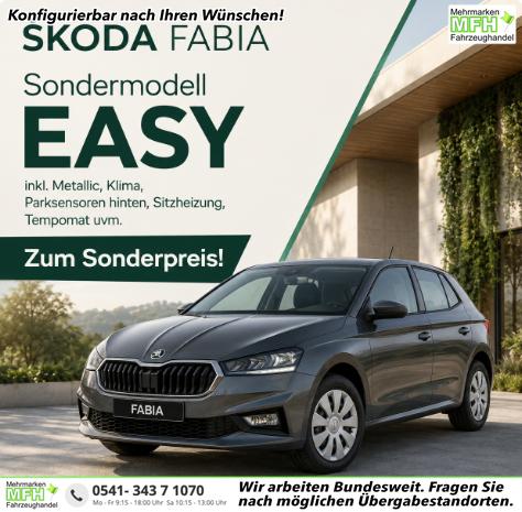 Skoda Fabia - Easy 1.0 TSI 95PS, METALLIC, LED-Scheinwerfer, M-Lederlenkrad, Nebelscheinwerfer, Parksensoren hinten, Sitzheizung, Tempomat, Klimaanlage, Infotainment 8", Fu&szlig;matten, 4fach elektr. Fensterheber, Mittelarmlehne vorne