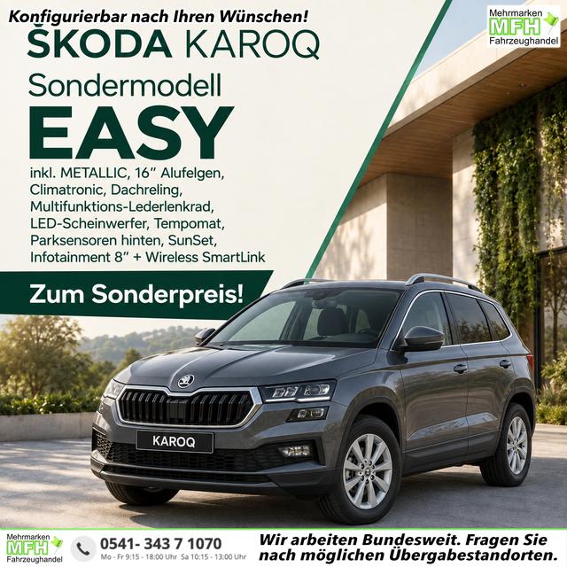 Skoda Karoq - Easy 1.5 TSI 150PS, METALLIC, 16"Alu, Climatronic, Dachreling, M-Lederlenkrad, LED-Scheinwerfer, Tempomat, Parksensoren hinten, Virtual Cockpit 8", SunSet, Infotainment 8" + Wireless SmartLink