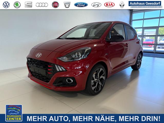 Lagerfahrzeug Hyundai i10 - N Line 1.0 T-GDI 66 kW (90 PS) Line-Interieur-Paket, Lenkradheizung, Sitzheizung, Klimaautomatik, Radio, DAB, Apple CarPlay, Android Auto, Navigationssystem, Rückfahrkamera, Verkehrszeichenerkennung, Tempomat, 16 Zoll Leichtmetallfelgen, uvm.