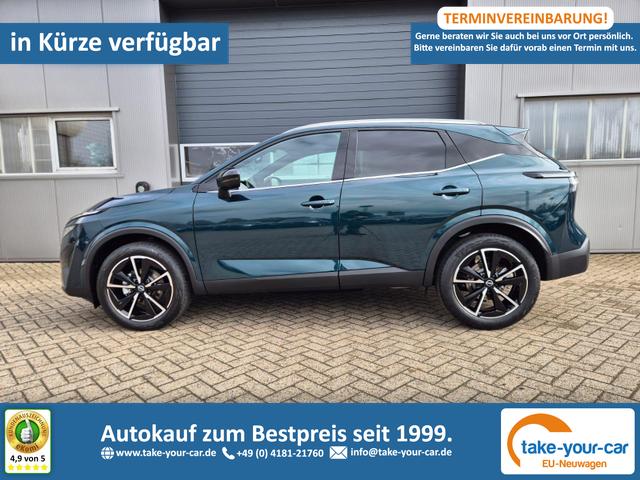 Nissan Qashqai - 1.3 DIG-T MHEV 158 PS X-Tronic Tekna Voll-Leder Klimaautomatik PanoGlasdach Sitzheizung Lenkradheizung Navi Head-Up Display elektr. Heckklappe ACC PDC v+h 360&deg;Kamera DAB Bluetooth Touchscreen Apple CarPlay Android Auto 19"LM Vorlauffahrzeug