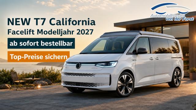 Volkswagen T7 California (1344) "Beach CAMPER" 5J GARANTIE (NEUES MODELL) LIEFERUNG KOSTENLOS 2.0 TDI 150PS DSG (AUTOMATIK), MINI-K&Uuml;CHE, Privacy-Glas, Aufstelldach, Parksensoren vorne/hinten, R&uuml;ckfahrkamera, Klimaanlage Climatic, M-Lederlenkrad, ACC Tempomat, Digital Cockpit Pro, Schiebet&uuml;re links/rechts mit Zuziehhilfe 