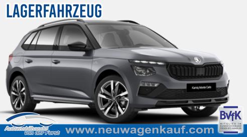 Skoda Kamiq - "Monte Carlo" (1) LIEFERUNG KOSTENLOS! 1.0 TSI 115PS DSG, GRAU-MET/Dach schwarz, 18" ALU, AHK-VORBEREITUNG, Panoramadach, Matrix-LED, Parksensoren v/h, Kamera, Tempomat, Virtual Cockpit (8"!!), Kessy, Winter-Paket, Climatronic, Radio 8", SmartLink, NSW, Sport-M-Lederlenkrad beheizt, Dachreling