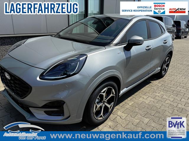 Ford Puma - "ST-Line" 1.0 EcoBoost 125PS AUTOMATIK, SOLAR-SILVER Metallic, Elektr. Heckklappe, Key-Frey-System, Spiegel elektr. anklappbar, Induktives Laden, 17" Alu, NAVIGATION, Klimaautomatik, Privacy-Glas, Parksensoren hinten, R&uuml;ckfahrkamera, Tempomat, Sportfahrwerk