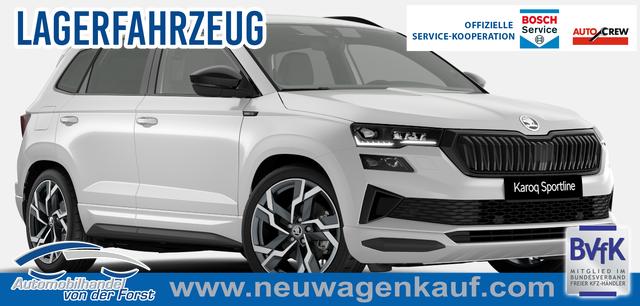 Skoda Karoq - "Sportline" LIEFERUNG KOSTENLOS & PREISGARANTIE* 1.5 TSI 150PS DSG, WEISS-MET, 5JGARANTIE, AHK SCHWENKBAR, 19" ALU SAGITARIUS, BEHEIZTE FRONTSCHEIBE, SITZHEIZUNG, MATRIX-LED, Elektr. Heckklappe, Virtual Cockpit 10", Climatronic, NAVI, ACC, Parksensoren v/h, R&uuml;ckfahrkamera, Dachreling, PRIVACY-GLAS