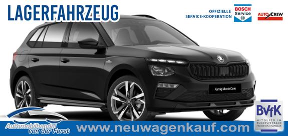 Skoda Kamiq - "Monte Carlo" (1) LIEFERUNG KOSTENLOS! 1.5 TSI 150PS DSG, 5J GARANTIE, Schwarz-Perleffekt, 18" ALU, AHK SCHWENKBAR, Panoramadach, Matrix-LED, Parksensoren v/h, Kamera, Tempomat, Virtual Cockpit (8"!!), Kessy, Winter-Paket, Climatronic, Radio 8", SmartLink, NSW, Sport-M-Lederlenkrad beheizt