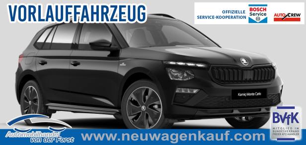 Skoda Kamiq - SONDERAKTION "Monte Carlo" Lieferung frei Haus! 1.5 TSI 150PS DSG, 5J GARANTIE, METALLIC, ELE. HECKKLAPPE, ANH&Auml;NGERKUPPLUNG, BEH. FRONTSCHEIBE, MATRIX-LED, PANORAMADACH, Sitzheizung, Lenkradhzg, Ladeboden, ACC, SIDE Assist, Virtual Cockpit 10", Parksensoren, Kamera, KESSY, Privacy, 17" Alu, Climatroni