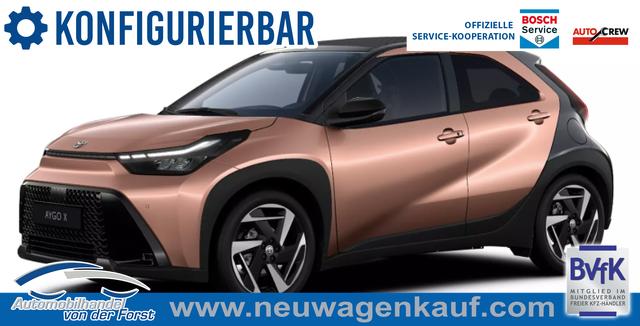 Toyota Aygo X - "Envy / EU-Lounge" LIEFERUNG KOSTENLOS! 1.5 Hybrid 115PS CVT/AUTOMATIK, 3J Garantie, 18" Alu, FALTDACH, Smart Entry, Dach schwarz, Privacy-Glas, Sitzheizung, Parksensoren v/h, R&uuml;ckfahrkamera, 2-Zonen-Klimaautomatik, Audiosystem 10,5" + Cloud-NAVI, Lederlenkrad, ACC, LED-Scheinwerfer, JBL-SOUND