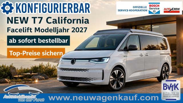 Volkswagen NEW T7 California - "Beach" LIEFERUNG KOSTENLOS & PREISGARANTIE* 2.0 TDI 150PS DSG (AUTOMATIK), Aufstelldach, Parksensoren vorne/hinten, R&uuml;ckfahrkamera, Klimaanlage Climatic, M-Lederlenkrad, ACC Tempomat, Digital Cockpit Pro, Schiebet&uuml;re links/rechts mit Zuziehhilfe